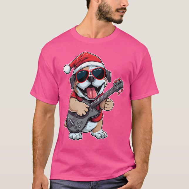 Camiseta Cachorro Jogando Violão Santa Hat Cachorro de Nata (Frente)