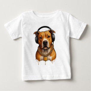 Camiseta Cachorro legal com Fones de ouvido e cadeia Dourad