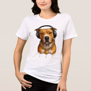 Camiseta Cachorro legal com Fones de ouvido e cadeia Dourad