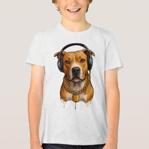 Camiseta Cachorro legal com Fones de ouvido e cadeia Dourad