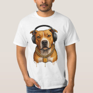 Camiseta Cachorro legal com Fones de ouvido e cadeia Dourad