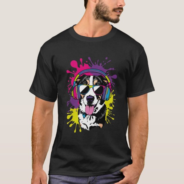 Camiseta Cachorro legal com Fones de ouvido Pop Design (Frente)