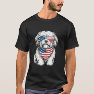 Camiseta Cachorro Lhasa Apso Óculos de Sol Bandeira EUA Pat