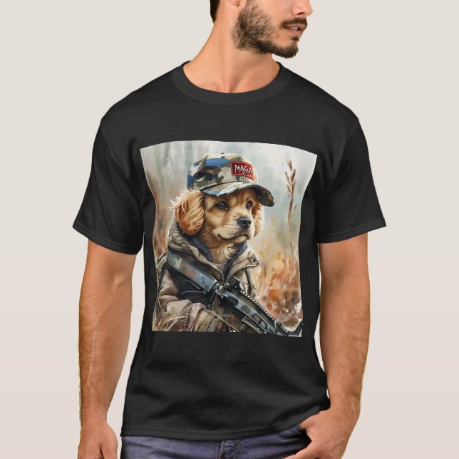 Camiseta Cachorro MAGA legal com arma e camuflagem (Frente)