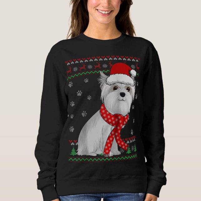 Camiseta Cachorro Maltês Bonito Sueco de Natal Feio Santa H (Frente)