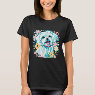 Camiseta Cachorro Maltês Cachorro Retro Vintages Floral Boh