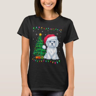 Camiseta Cachorro Maltês Chapéu de Papai Noel Homens Mulher