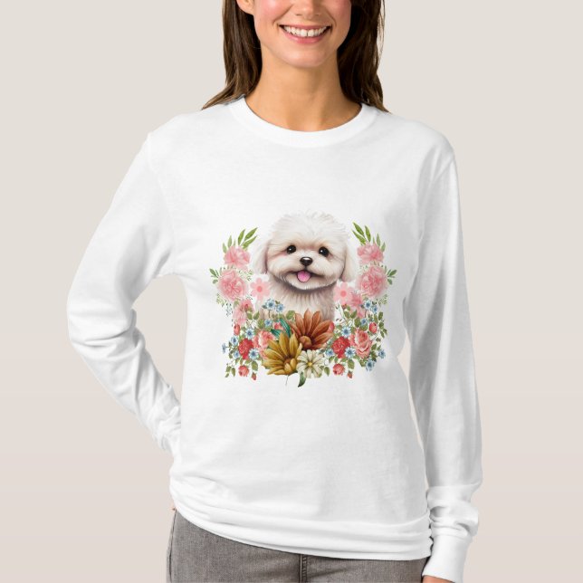 Camiseta Cachorro Maltês com Flores, Cachorro Maltês (Frente)