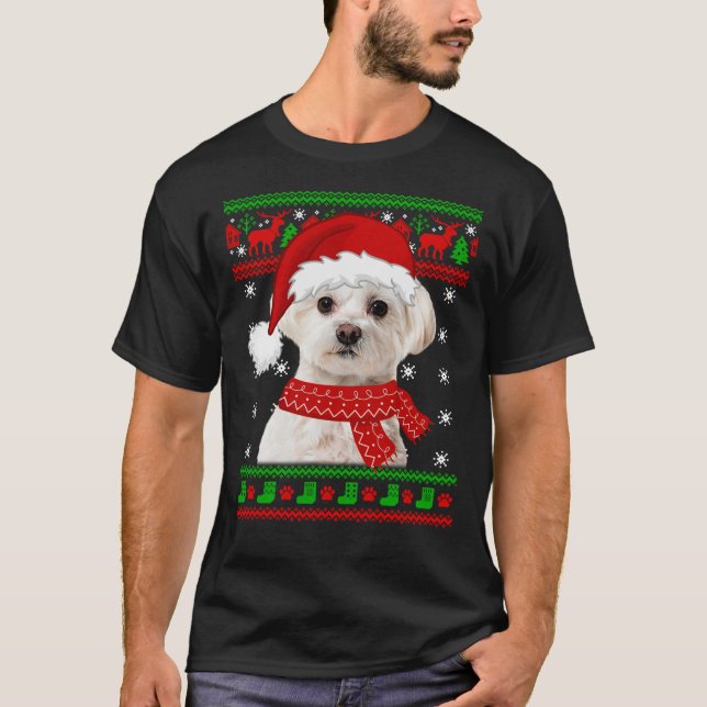 Camiseta Cachorro Maltês Suor Feio de Natal Puppy Cachorro (Frente)