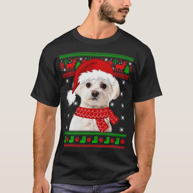 Camiseta Cachorro Maltês Suor Feio de Natal Puppy Cachorro (Frente)