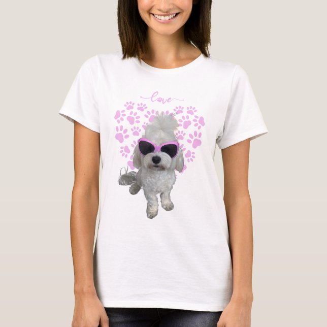 Camiseta Cachorro Maltês Trendente com Óculos Rosa e Impres (Frente)