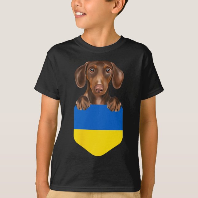 Camiseta Cachorro Marrom Dachshund Com A Bandeira Da Ucrâni (Frente)