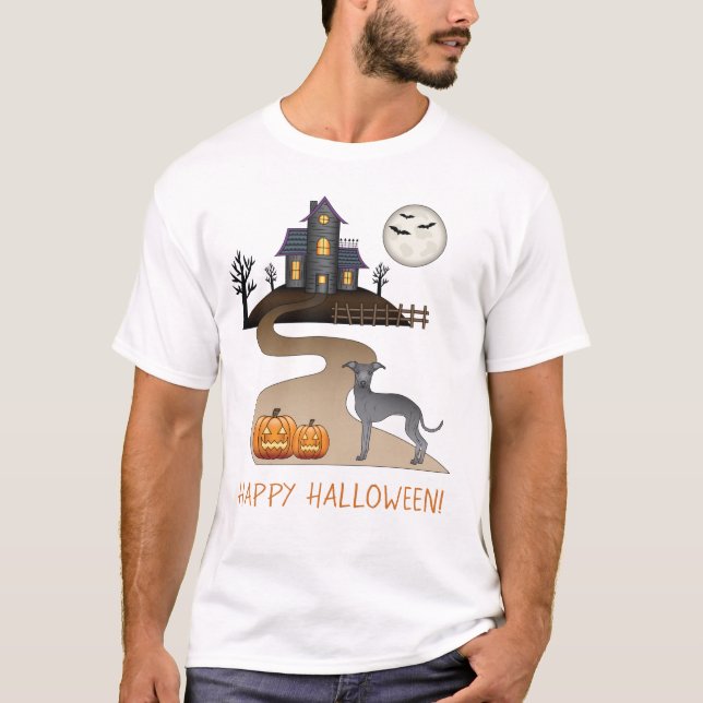 Camiseta Cachorro Molhado Azul E Casa Assombrada Ao Hallowe (Frente)