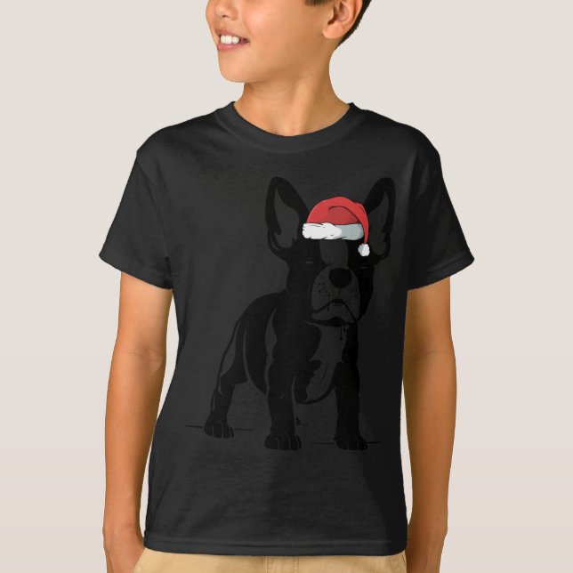 Camiseta Cachorro Negro Cachorro Santa Hat Cachorro Feliz d (Frente)