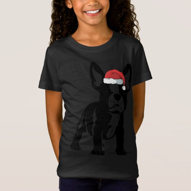Camiseta Cachorro Negro Cachorro Santa Hat Cachorro Feliz d (Frente)