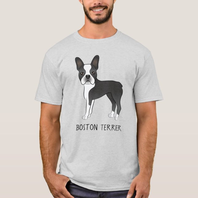 Camiseta Cachorro Negro E Branco De Boston Com Texto (Frente)