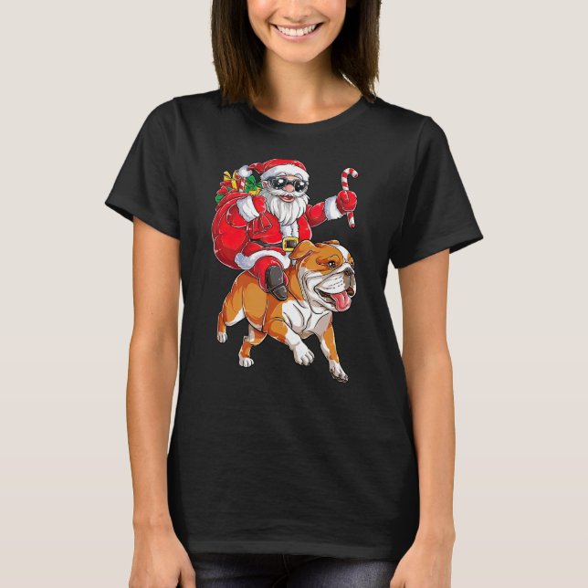 Camiseta Cachorro Papai Noel Andando no Natal do Buldogue F (Frente)