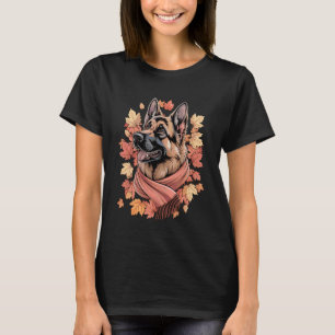 Camiseta Cachorro Pastor Alemão Cachecol de Outono Folhas d