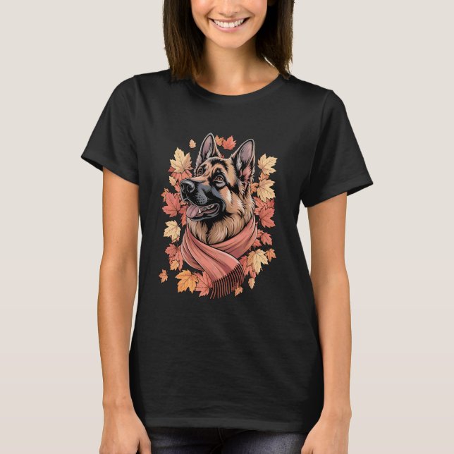 Camiseta Cachorro Pastor Alemão Cachecol de Outono Folhas d (Frente)