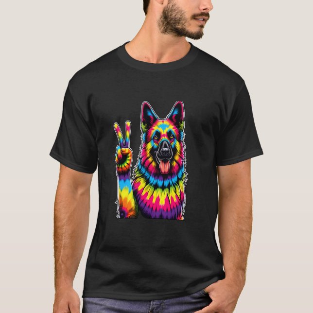 Camiseta Cachorro Pastor Alemão Tie Dye Sinal de Paz (Frente)