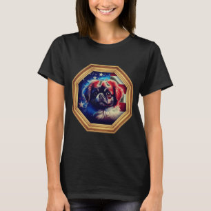 Camiseta Cachorro pequinês Bandeira Americana Moldura Doura