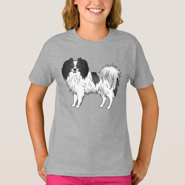 Camiseta Cachorro Phalène Em Desenho De Casaco Branco E Pre (Frente)