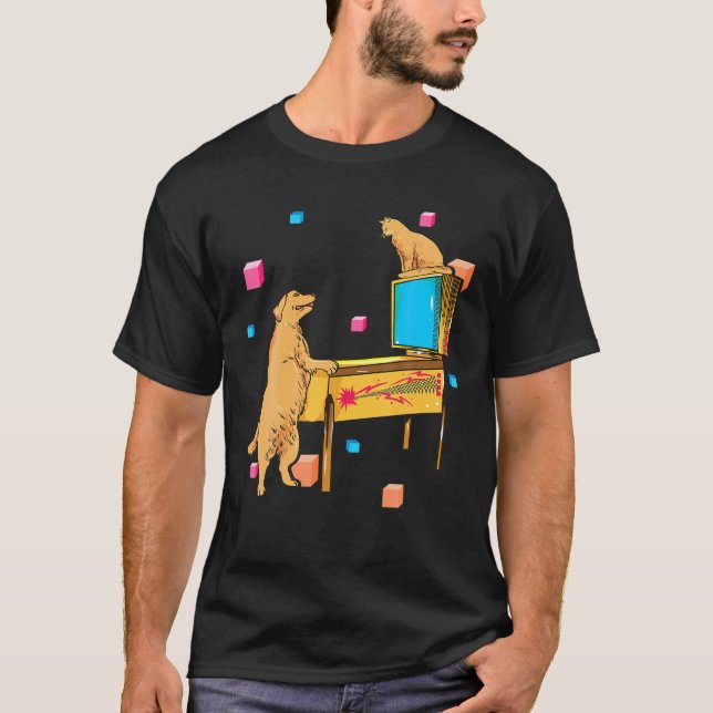 Camiseta Cachorro Pinball Gato Jogando Pinball Machine Shi (Frente)