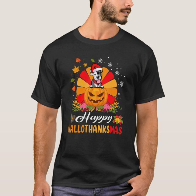 Camiseta Cachorro Pit Bull Engraçado Hallothanksmas Dia das (Frente)