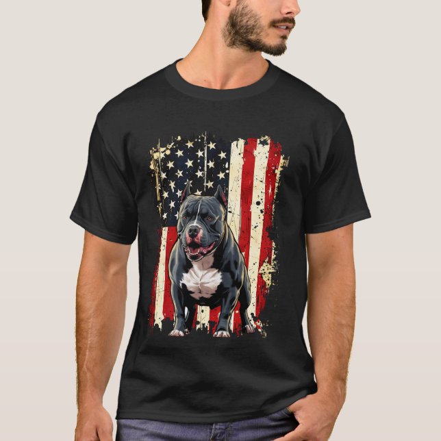 Camiseta Cachorro Pitbull Bandeira Americana (Frente)