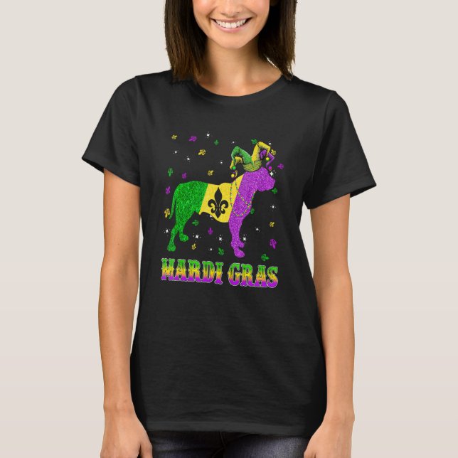 Camiseta Cachorro Pitbull Contas de Mardi Gras Carnaval Buf (Frente)