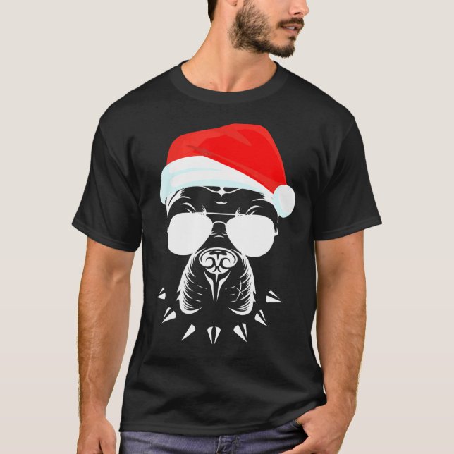 Camiseta Cachorro Pitbull Engraçado Óculos de Sol com Chapé (Frente)