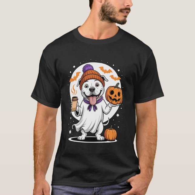 Camiseta Cachorro Pitbull Fantasma Bonito Abóbora Drinks Be (Frente)