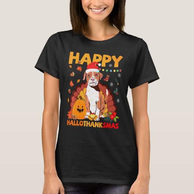 Camiseta Cachorro Pitbull Feliz Hallothanksmas Dia das Brux (Frente)