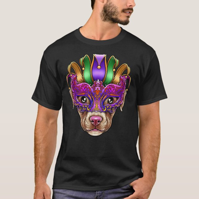 Camiseta Cachorro Pitbull Mardi Gras Mask Jester Hat Pit Bu (Frente)