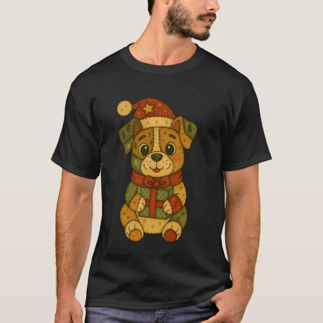 Camiseta Cachorro Pitbull Remendado com Chapéu de Papai Noe (Frente)
