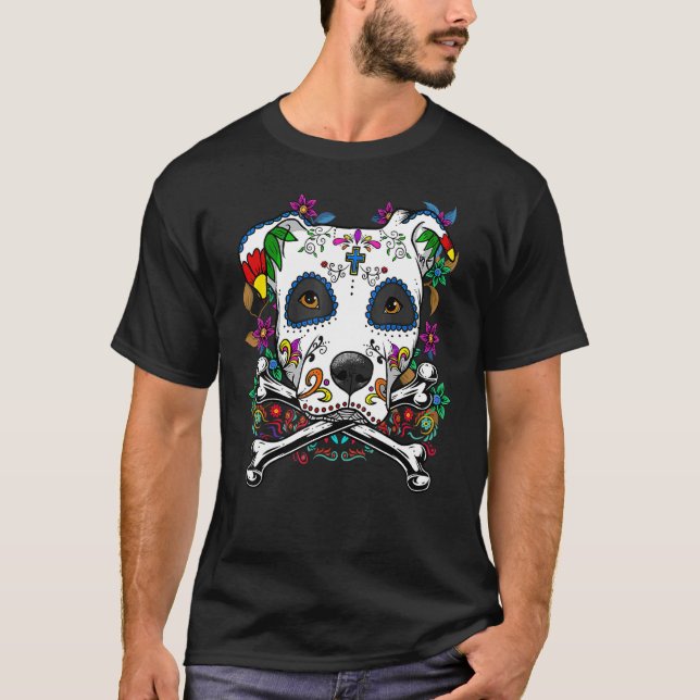 Camiseta Cachorro Pitbull Terrier Calavera Dia de Muertos D (Frente)