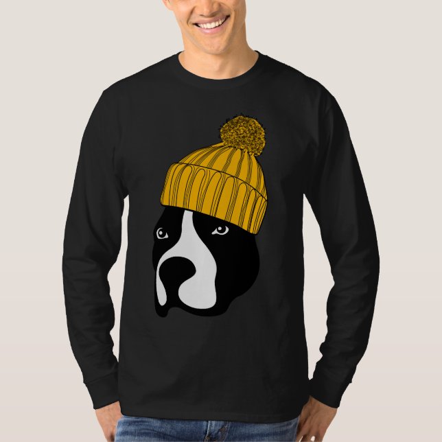 Camiseta Cachorro Pitbull Vestindo Uma Beanie (Frente)