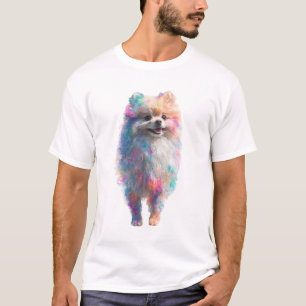 Camiseta Cachorro Pomerânia com Efeito de Aquarela Arco-íri