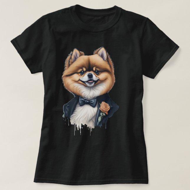 Camiseta Cachorro Pomerano Bonito Vestindo Roupas Formais (Frente do Design)