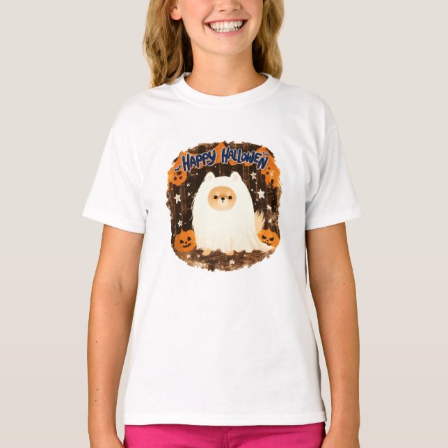 Camiseta Cachorro Pomerano na fantasia fantasma - Feliz Hal (Frente)