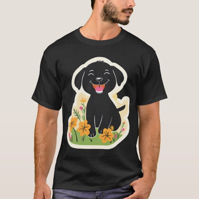 Camiseta Cachorro Preto Feliz em Flores Silvestres (Frente)
