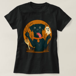 Camiseta Cachorro Preto Fofo e Assustador com Fantasma