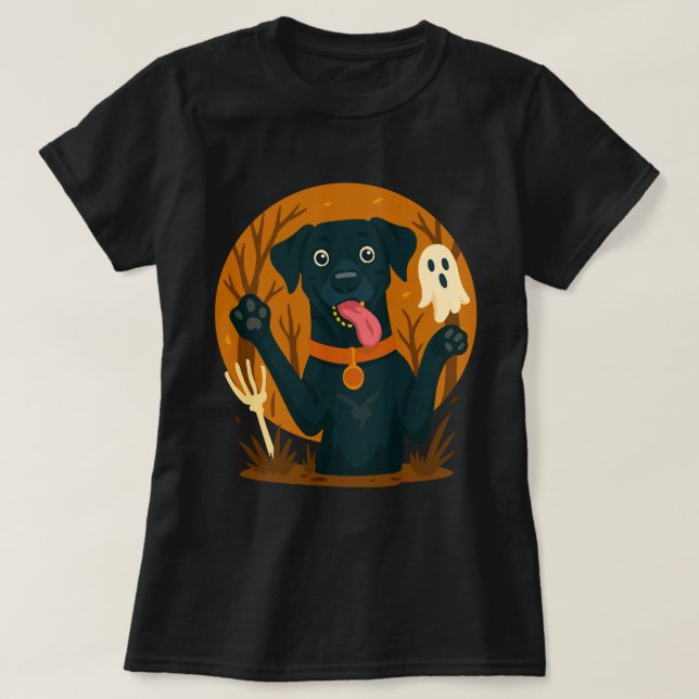 Camiseta Cachorro Preto Fofo e Assustador com Fantasma  (Frente do Design)