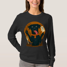 Camiseta Cachorro Preto Fofo e Assustador com Fantasma