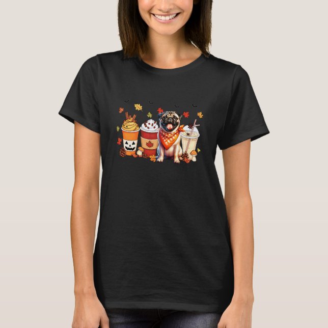 Camiseta Cachorro Pug Café com Tempero de Abóbora Mulheres  (Frente)