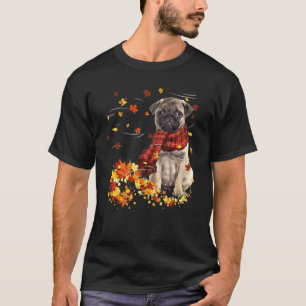 Camiseta Cachorro Pug com Cachecol de Outono Folhas Caindo