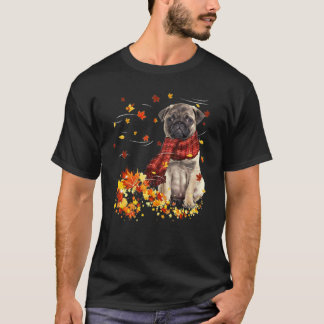 Camiseta Cachorro Pug com Cachecol de Outono Folhas Caindo