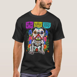 Camiseta Cachorro Pug Crânio de Açúcar Floral Dia de Muerto