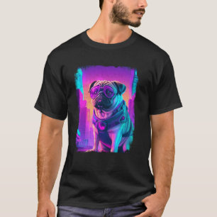 Camiseta Cachorro Pug Cyber Vaporwave 80's Synthwave Retrow