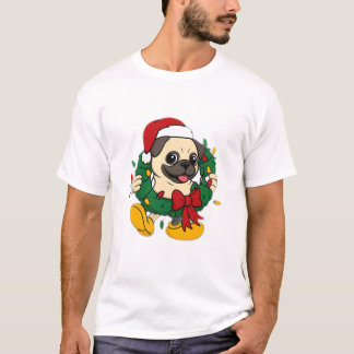 Camiseta Cachorro Pug de Natal Adorável com Grinalda Festiv